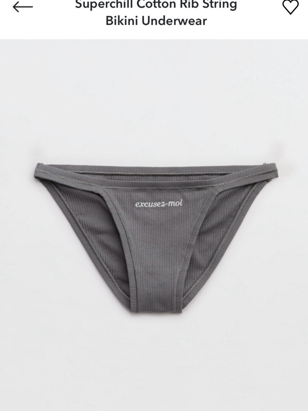 aerie Gray Ribbed Bikini Brief with 'excusez-moi' Script